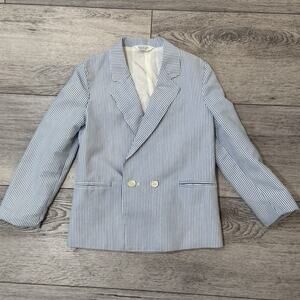 Boys Seersucker Blazer Blue White Stripe Size Small 4-5 Double Breasted Coat